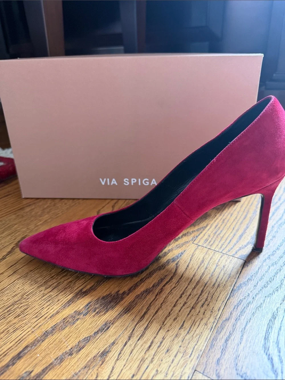 Via Spiga “Nikole” Ruby Red Suede Pointed-Toe Stiletto Pumps Sz 9 (box incl.)
